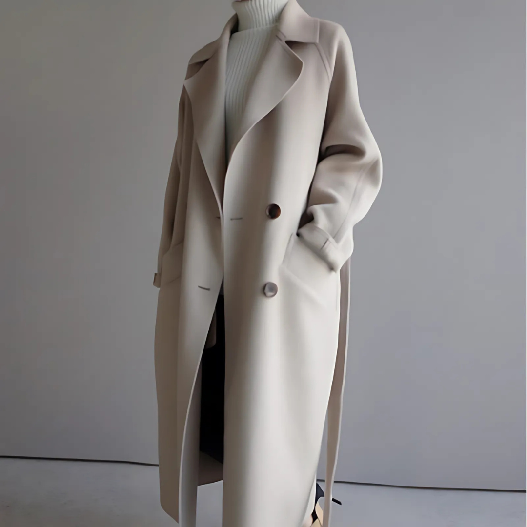 The Belted Long Wrap Coat in Beige