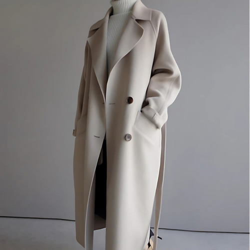 The Belted Long Wrap Coat in Beige