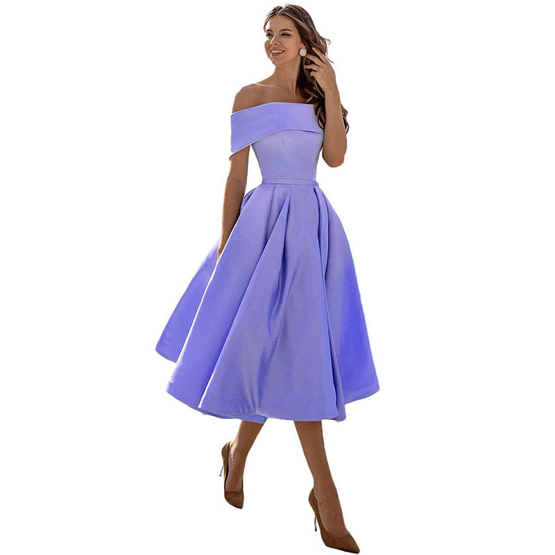 The Satin Off-Shoulder Midi Dress in Lilac