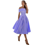 The Satin Off-Shoulder Midi Dress in Lilac