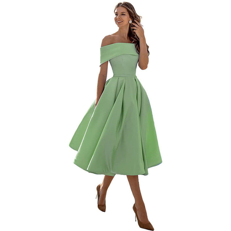 The Satin Off-Shoulder Midi Dress in Sage Green