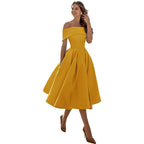 The Satin Off-Shoulder Midi Dress in Mustard Yellow