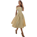 The Satin Off-Shoulder Midi Dress in Beige