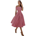 The Satin Off-Shoulder Midi Dress in Dusty Pink