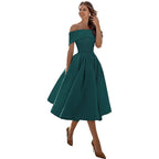 The Satin Off-Shoulder Midi Dress in Dark Green