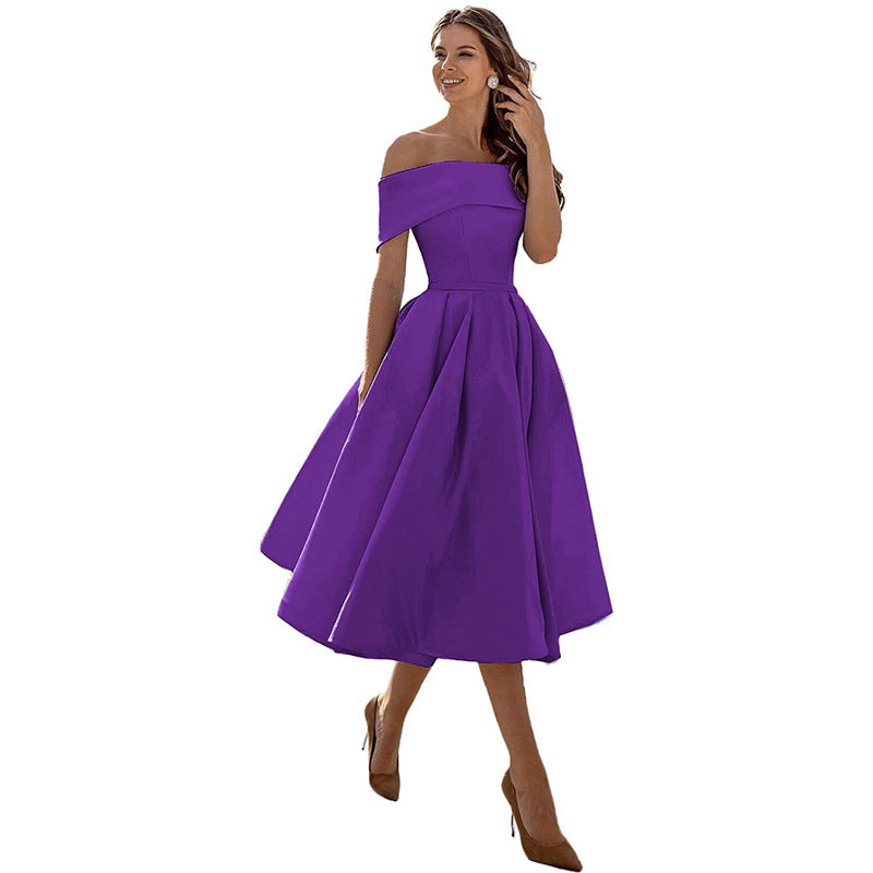 The Satin Off-Shoulder Midi Dress in Purple