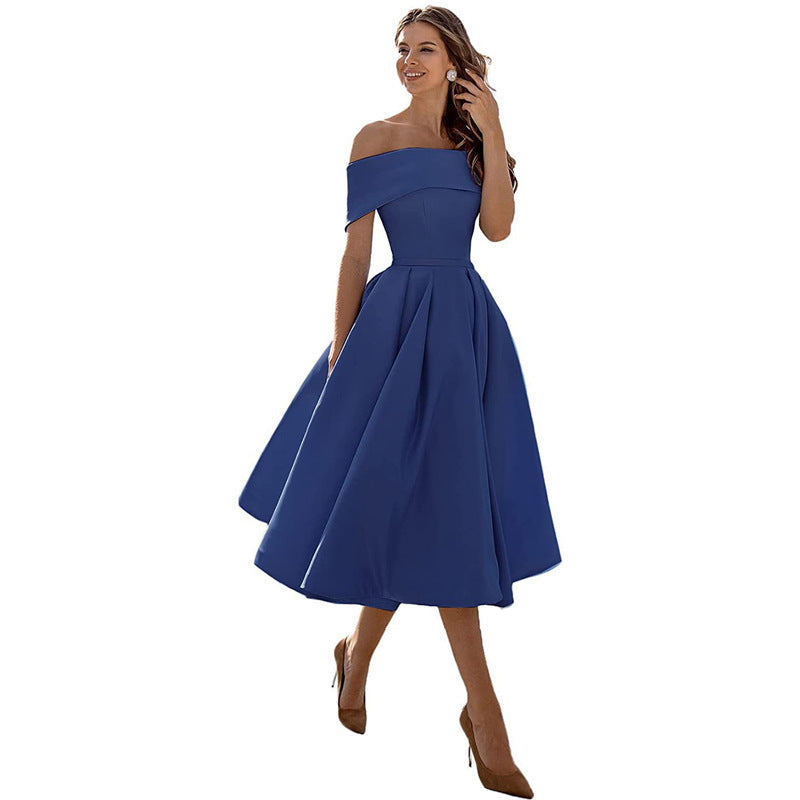 The Satin Off-Shoulder Midi Dress in Navy