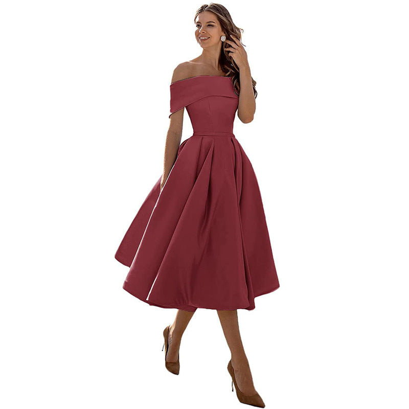 The Satin Off-Shoulder Midi Dress in Burgundy