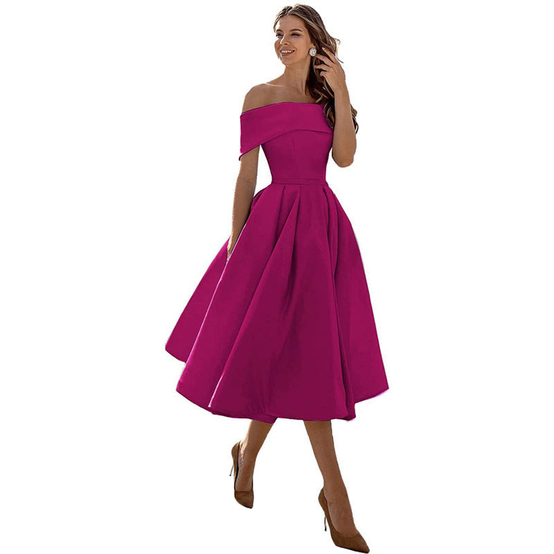 The Satin Off-Shoulder Midi Dress in Magenta