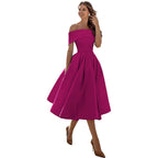The Satin Off-Shoulder Midi Dress in Magenta