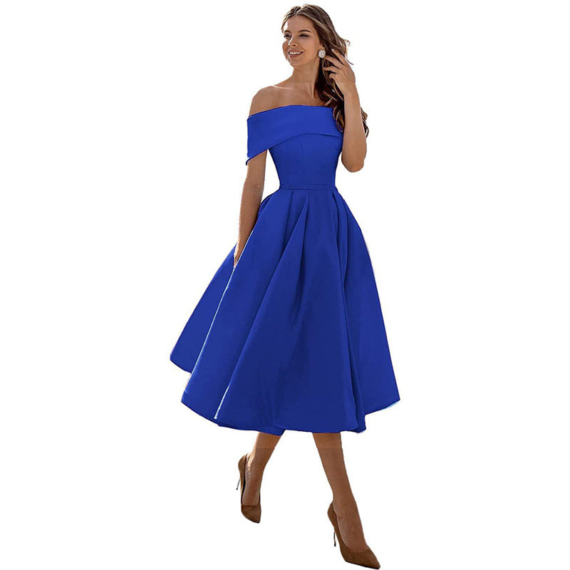 The Satin Off-Shoulder Midi Dress in Royal Blue