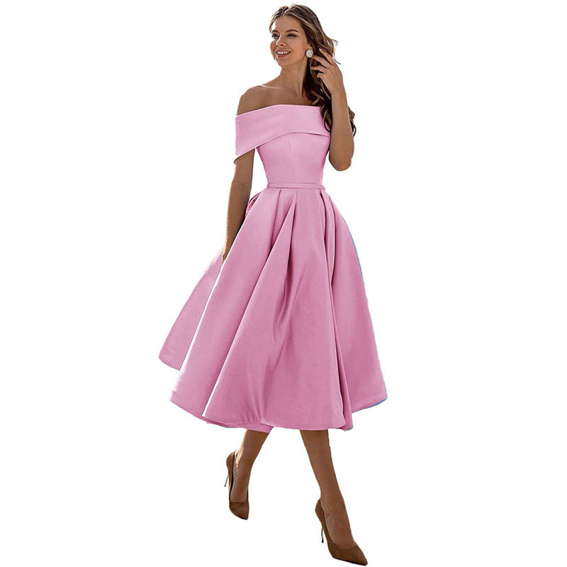 The Satin Off-Shoulder Midi Dress in Pink
