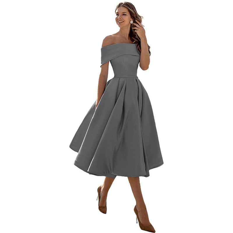 The Satin Off-Shoulder Midi Dress