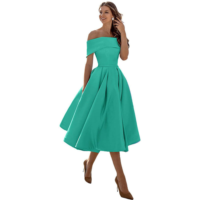 The Satin Off-Shoulder Midi Dress in Turquoise