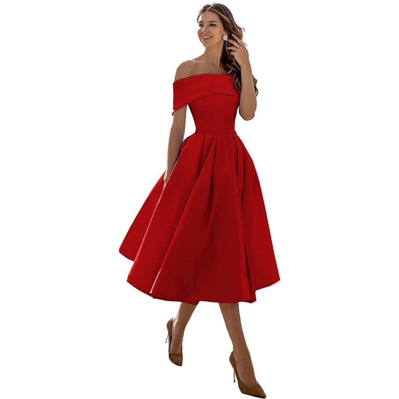 The Satin Off-Shoulder Midi Dress in Red