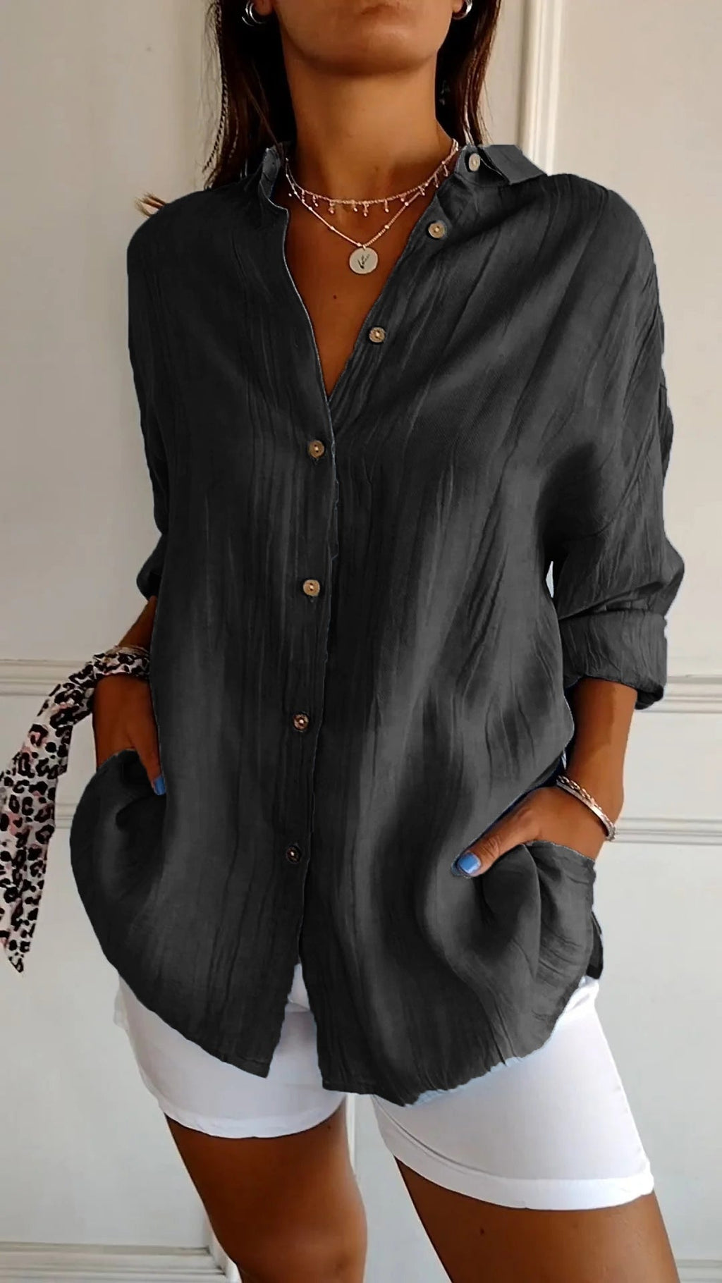 The Crinkle Button-Up Shirt in Black