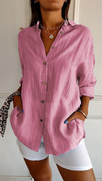 The Crinkle Button-Up Shirt in Pink