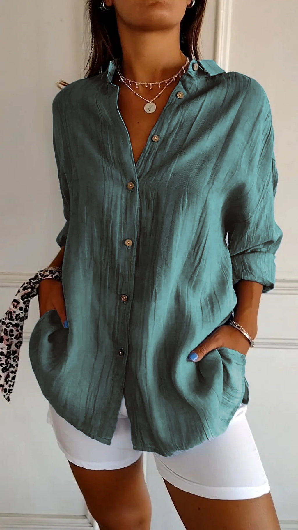 The Crinkle Button-Up Shirt in Teal