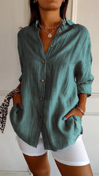The Crinkle Button-Up Shirt in Teal