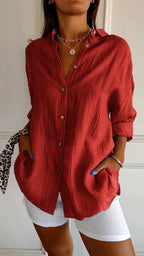 The Crinkle Button-Up Shirt in Red