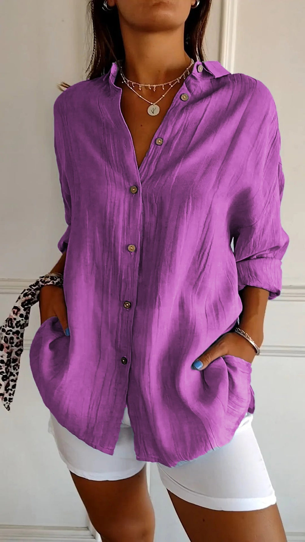 The Crinkle Button-Up Shirt in Purple