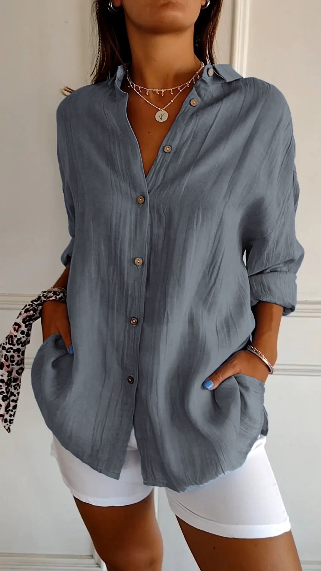 The Crinkle Button-Up Shirt in Gray