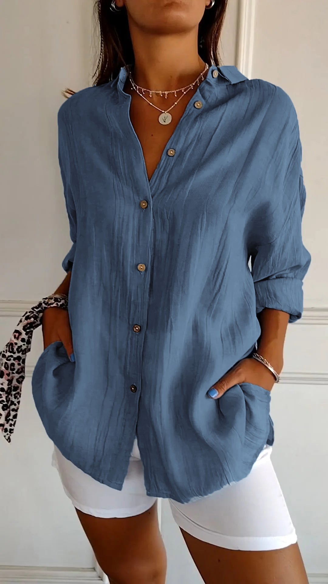 The Crinkle Button-Up Shirt in Dark Blue