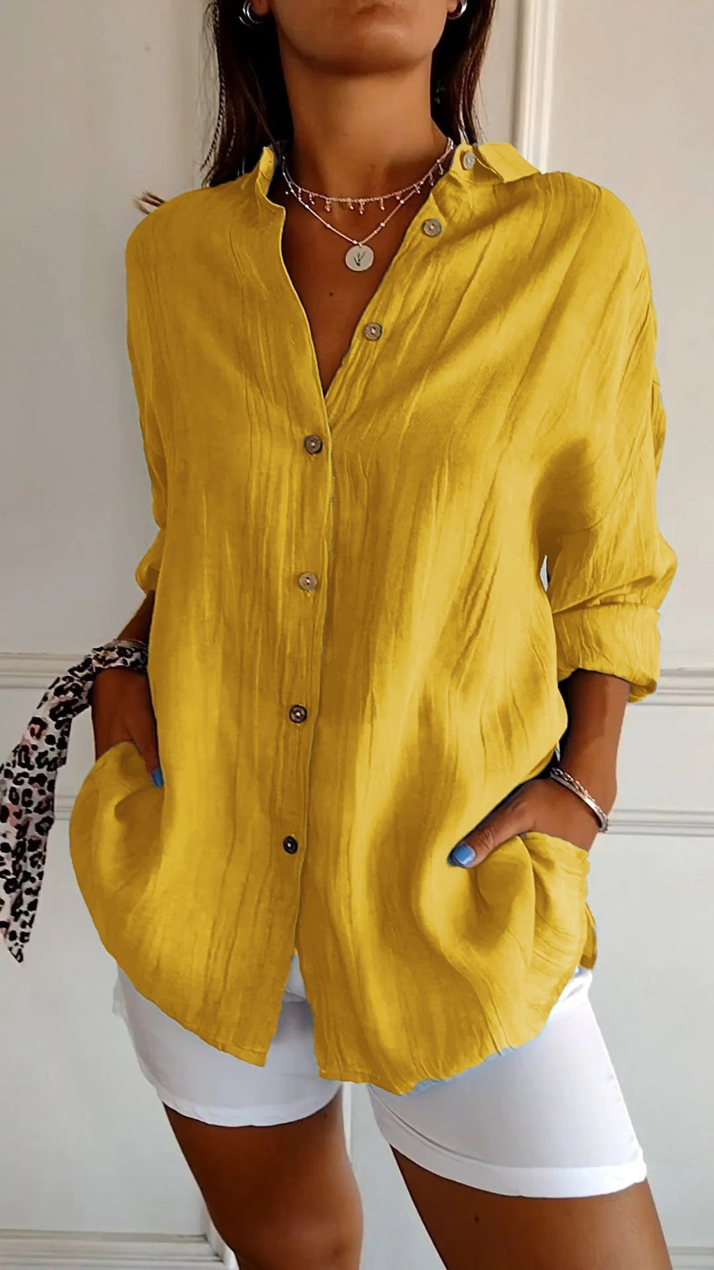 The Crinkle Button-Up Shirt in Yellow