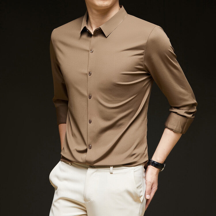 Man in a tan slim dress shirt